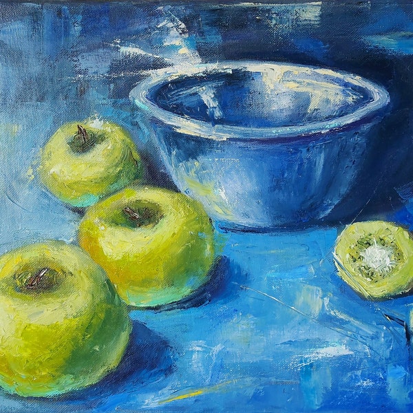 Pommes vertes sur empâtement bleu peinture à l'huile originale fruits nature morte Art mural toile tendue 12х16 pouces par ElenaFloArtShop