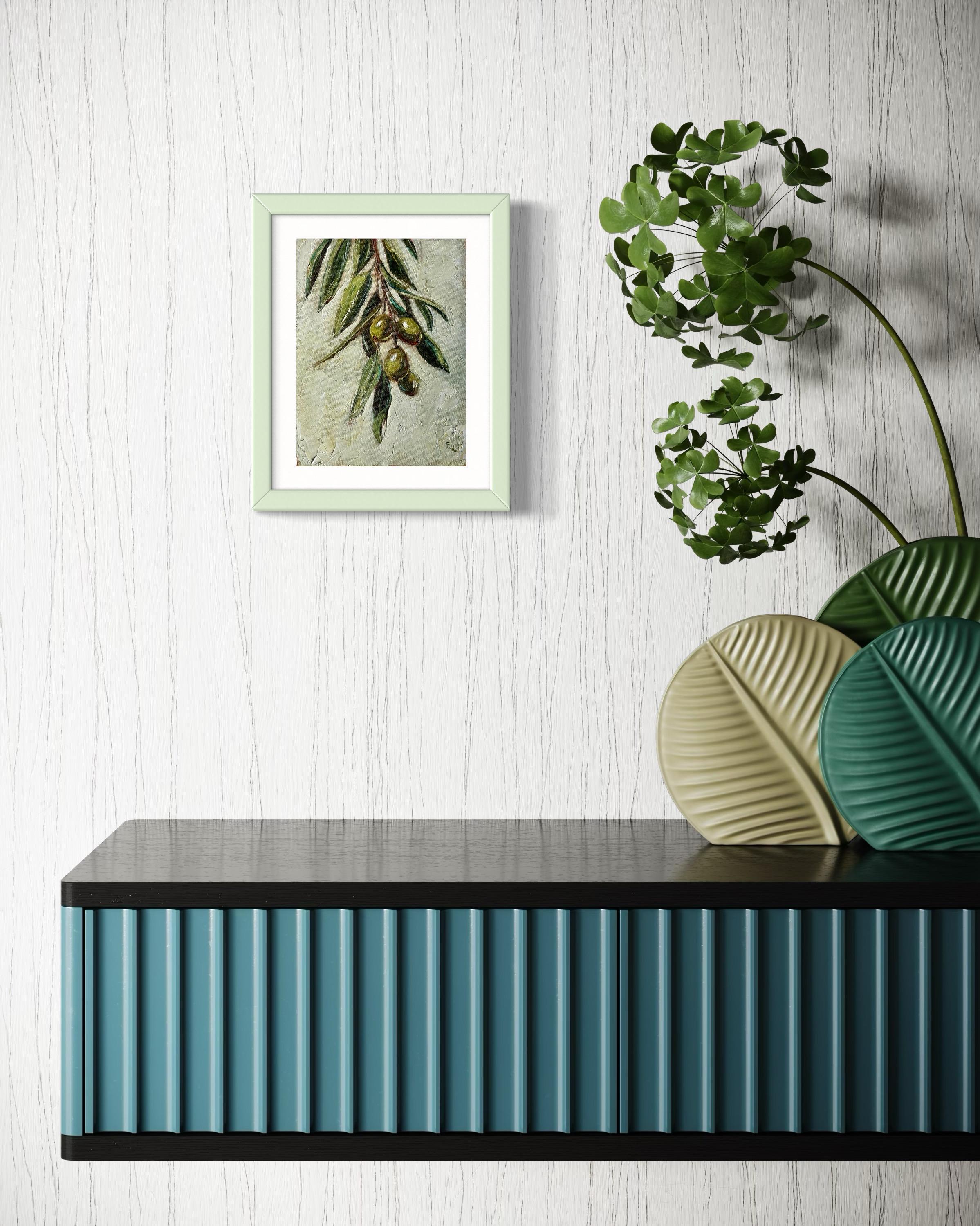 オリーブの枝の油絵：フランスの農家のキッチンアート（6 x 8インチ