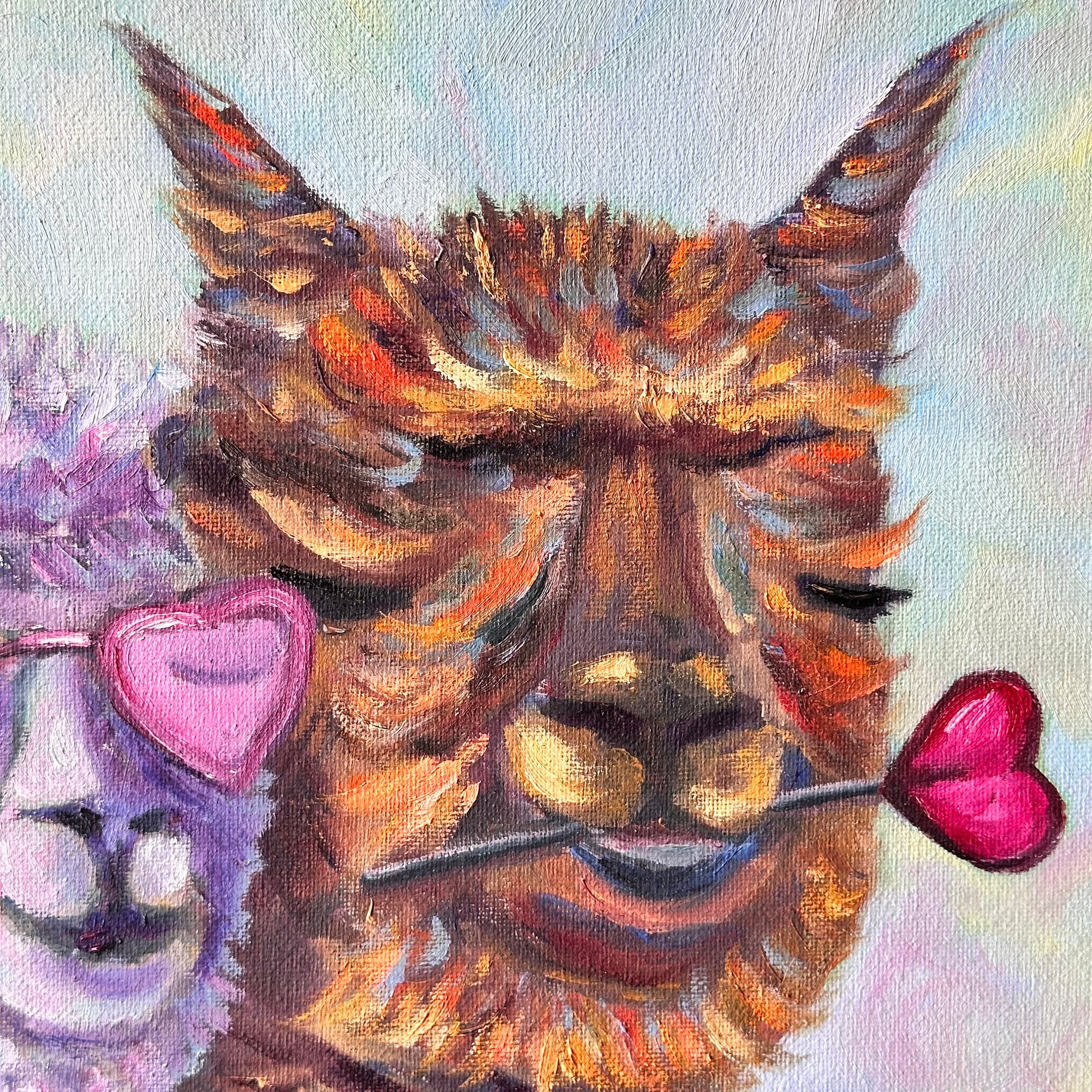 恋するアルパカの絵画：オリジナル油彩インパスト作品（14 x 14インチ