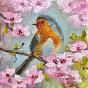Robin Bird Original Oil Painting Wall Art Decor Holidays Easter 6 by 6 inch ElenaFloArtShop