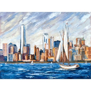 New York Painting Sailboat Manhattan Skyline Original Oil Painting Wall Art cityscape NYC Impasto 18 by 24&quot; by ElenaFloArtShop