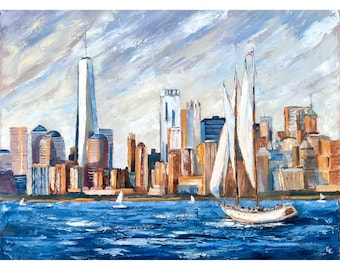 Original Oil Painting: Manhattan Skyline with Sailboat, NYC Impasto Art (18x24)