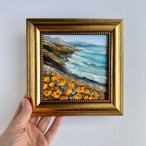 California Poppies Painting Original Small Art Flower Landscape Seascape Artwork Oil Painting Impasto 5x5&quot; by ElenaFloArtShop