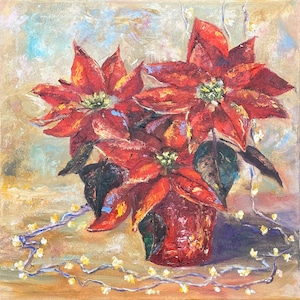 Poinsettia Christmas Artwork Original Oil Painting Wall Art Decor Holidays 14 by 14 inch ElenaFloArtShop