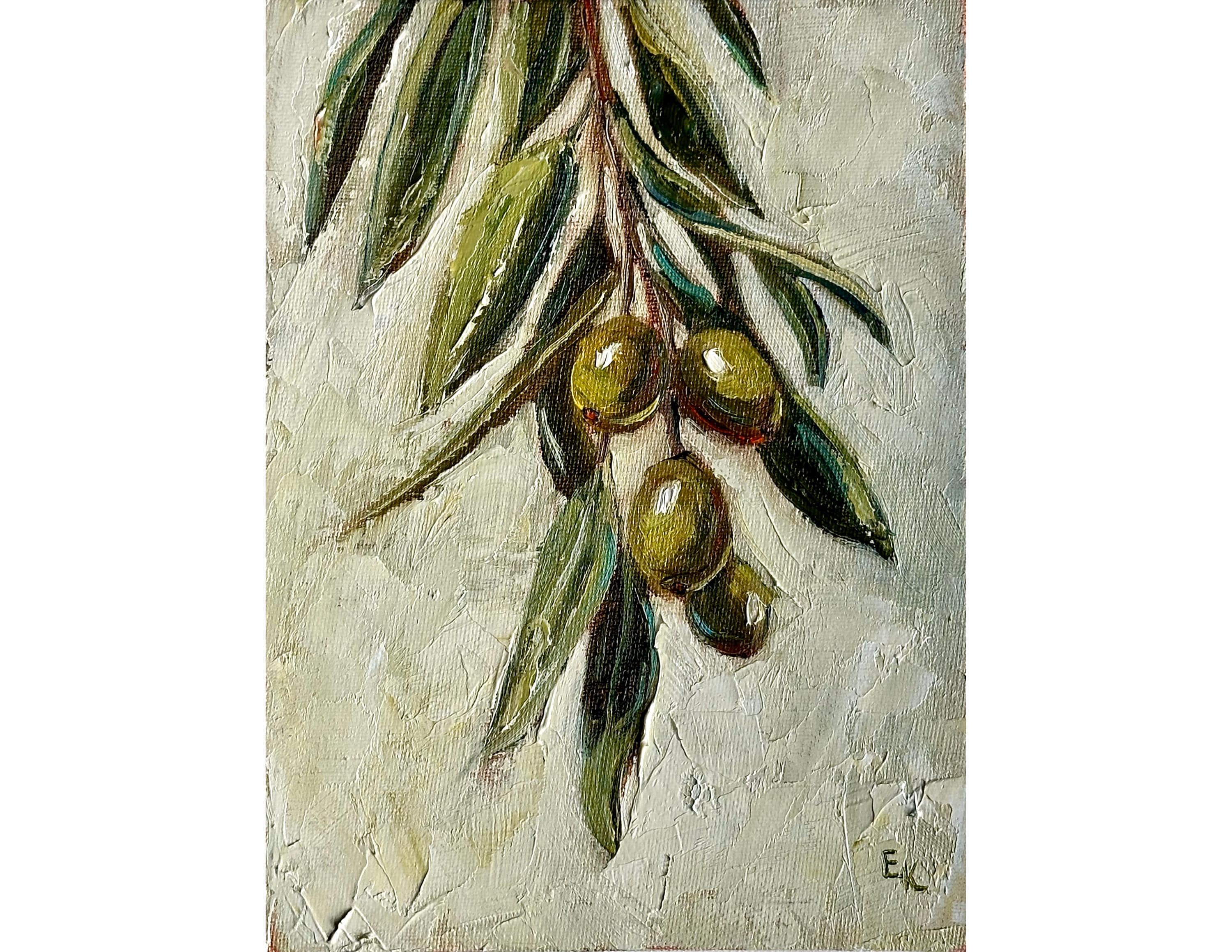 オリーブの枝 油彩画 オリーブの枝の油絵：フランスの農家のキッチンアート（6 x 8インチ