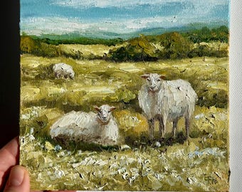 Sheep Oil Painting Original 6x6 Impasto Landscape Small Meadow Painting Ireland Country Cottage Decor