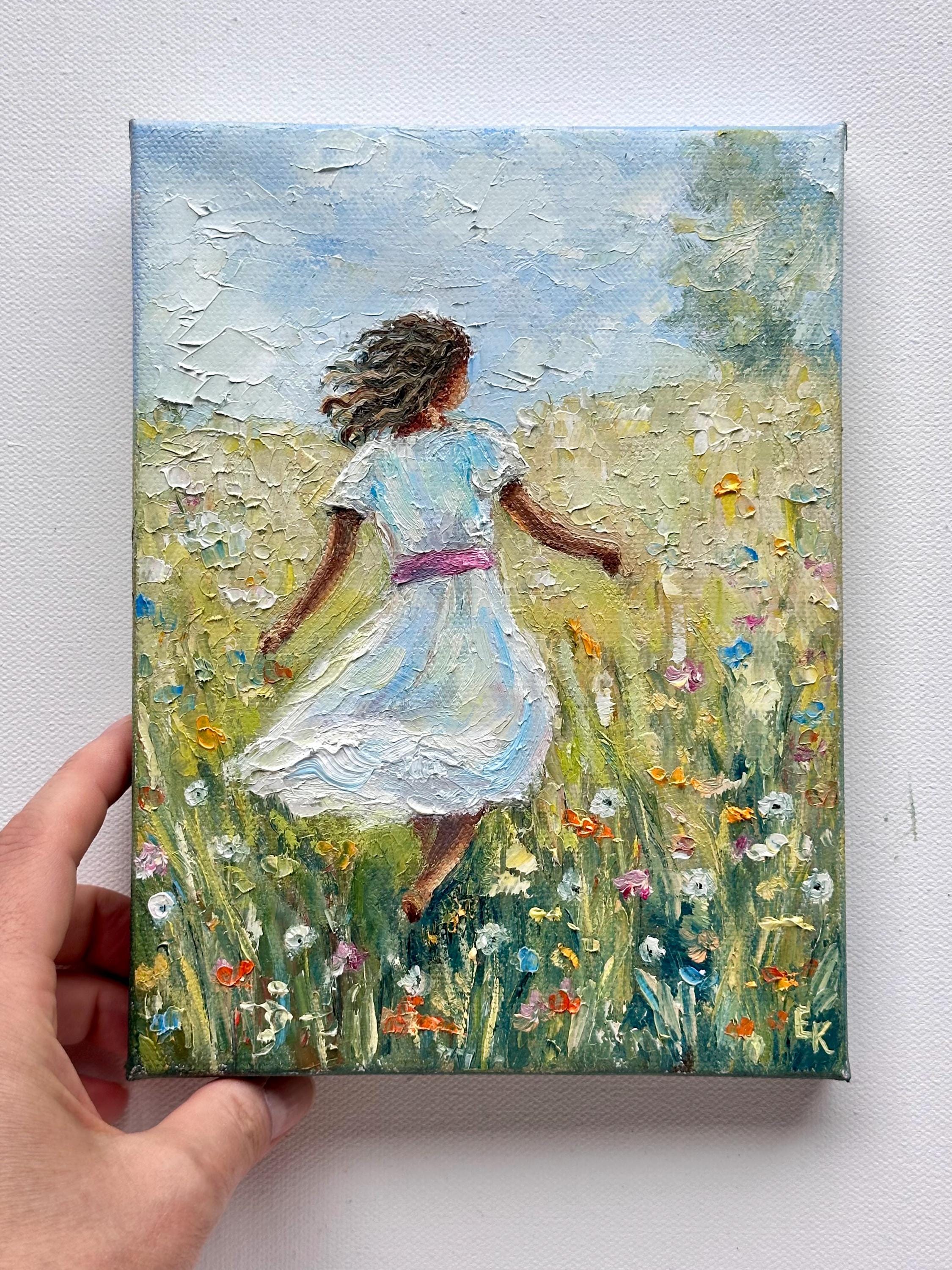 Little Girl Painting Childhood Joy Summer Original Oil Painting Impasto Wall Art on stretched canvas 6х8 inch