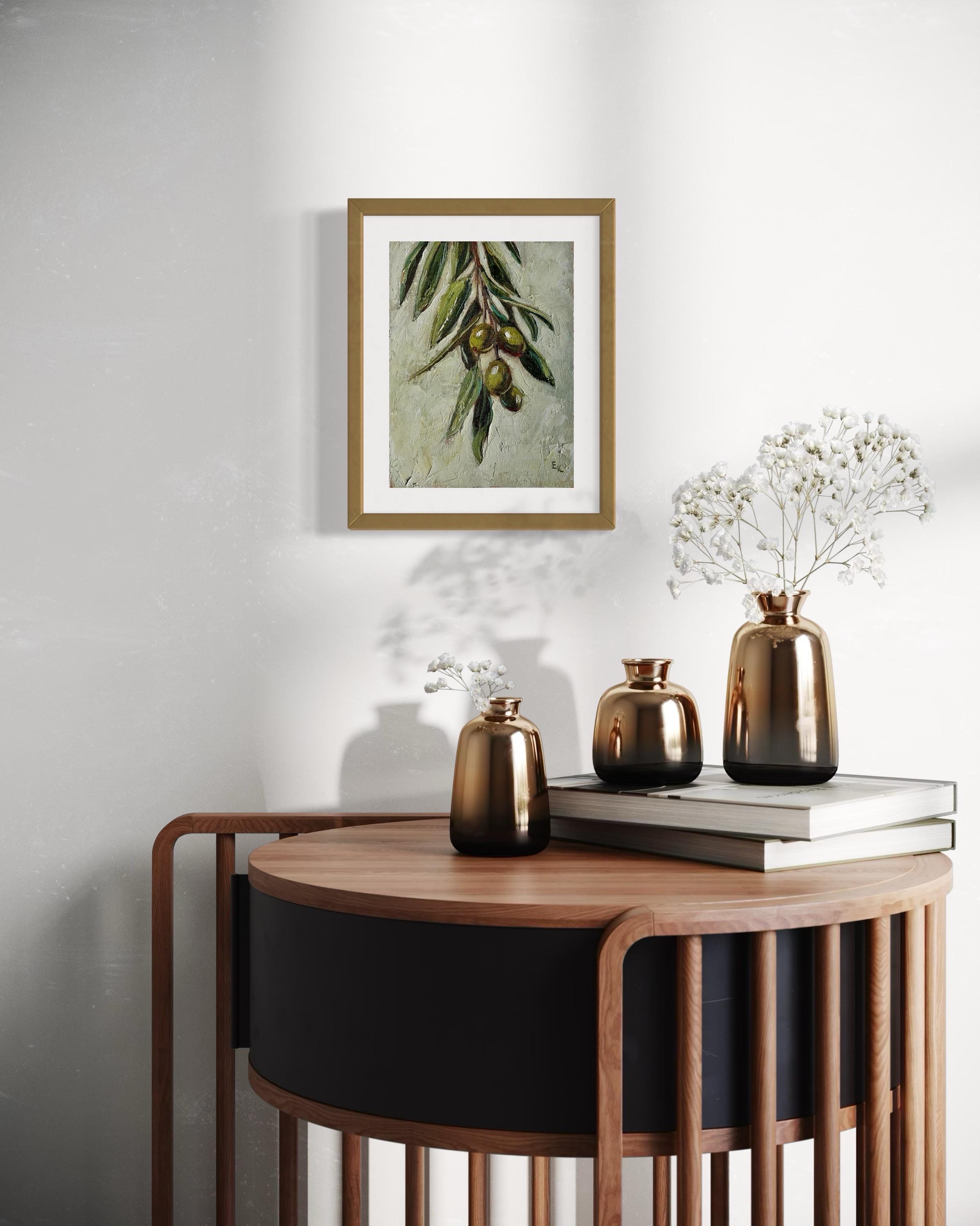 オリーブの枝の油絵：フランスの農家のキッチンアート（6 x 8インチ