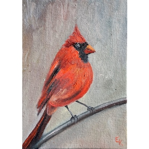 Red Cardinal Bird Original Oil Painting Gift Wall Art 5 by 7 inch ElenaFloArtShop