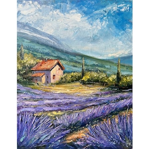 Provence Lavendel Feld Landschaft Original Kunst Blumen Kunstwerk Ölgemälde Impasto gespannte Leinwand 11x14&quot;