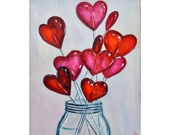 Valentines Lollipop Oil Painting Large Hearts Wall Art Stretched canvas 11х14 inch by ElenaFloArtShop