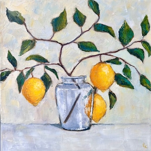 Lemon Painting Impressionistic Wall Art Stretched canvas 16x16 inch by ElenaFloArtShop