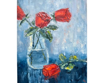 ピンクのバラの花を描いた油絵（キャンバス）、厚塗り技法を用いた
