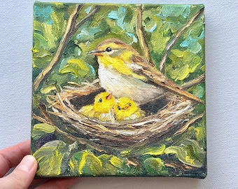 Mother Bird Oil Painting, Spring Nest Art, 6x6 Mini Canvas