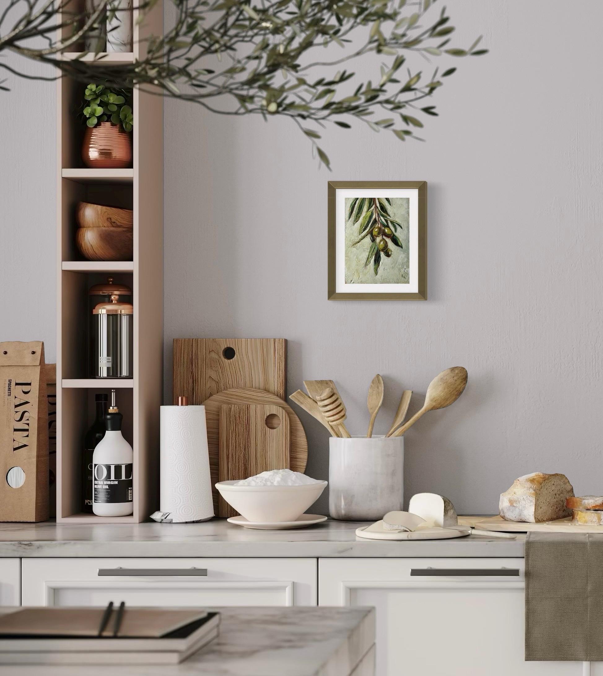 オリーブの枝の油絵：フランスの農家のキッチンアート（6 x 8インチ