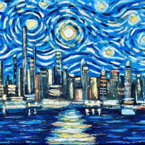 Manhattan Skyline Original Oil Painting Van Gogh Style Wall Art New York cityscape NYC 11 by 14" by ElenaFloArtShop