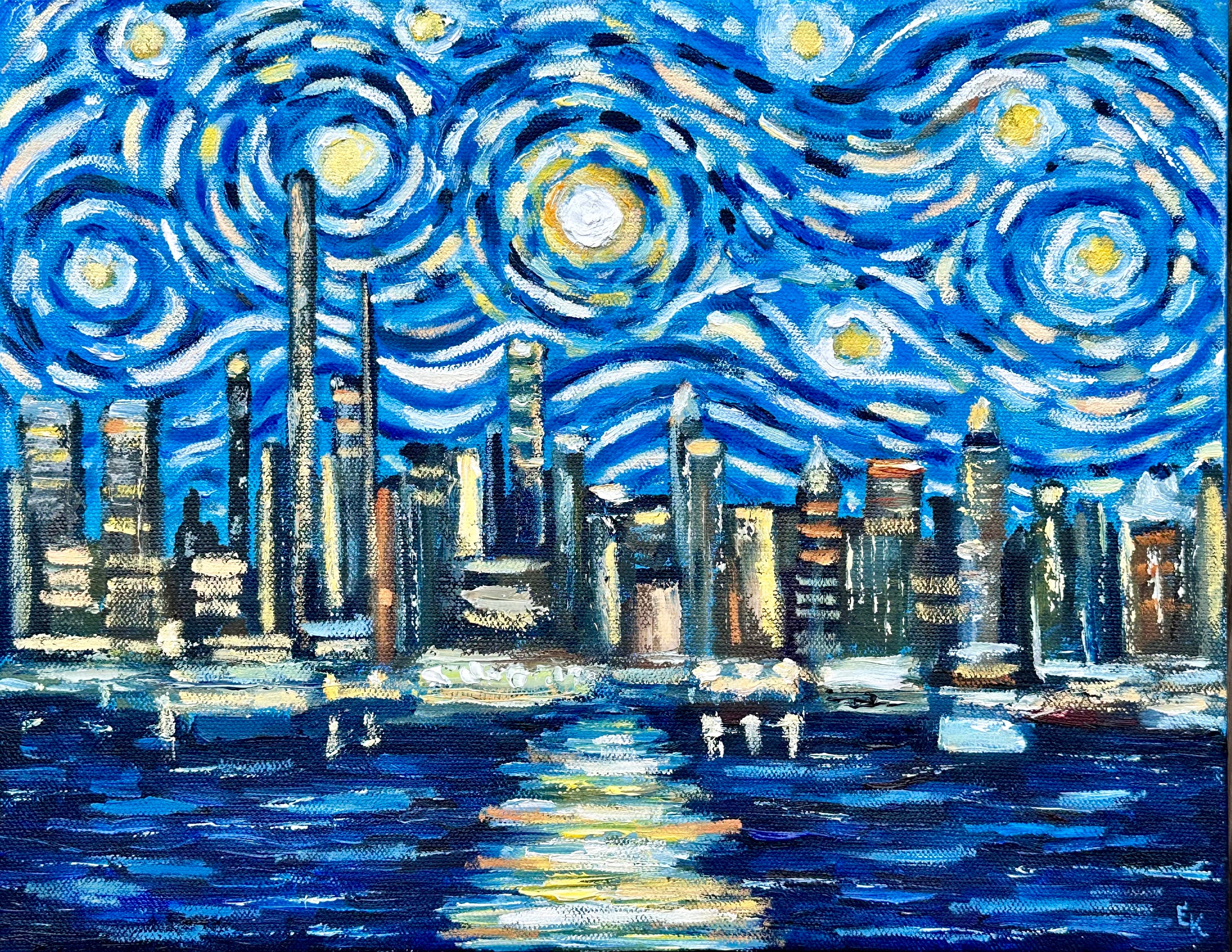Manhattan Skyline Original Oil Painting Van Gogh Style Wall