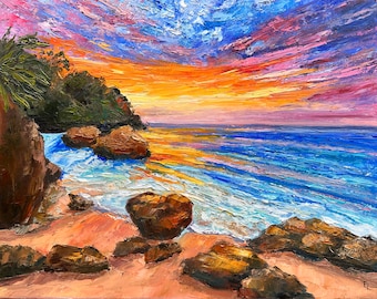 Tropical Beach Sunset Oil Painting: Seascape Impasto Wall Art (16x20)