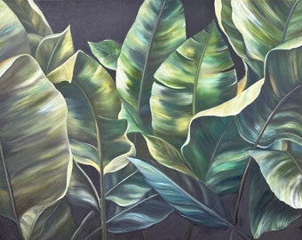 Tropical Leaves Oil Painting: Large Jungle Floral Canvas Art (24x30 inch)