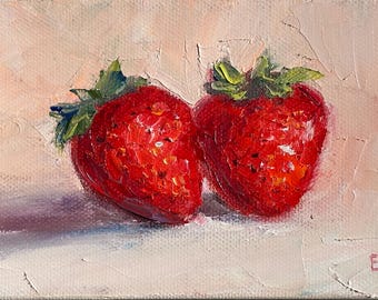 Strawberry Oil Painting: Small Still Life Kitchen Art, 4x6 Canvas