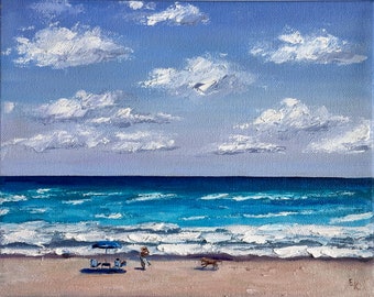 Florida Beach Gemälde Boca Raton Ozean Kunst Nautische Meereslandschaft Menschen am Strand OriginalGemälde Wandkunst Impasto Öl auf Leinwand 8 x 10"