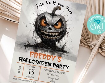 Halloween Creepy Party Invitation. Halloween Spooky Party Invitation. Halloween Pumpkin Skull Invitation