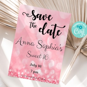 Save the Date Pink Glitter | Save the Date Quinceañera | Save the Date Sweet 16 | Save the Date Wedding | Save the Date Birthday