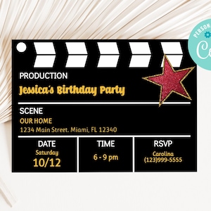 Movie Night Hollywood Movie Star Invitation - Movies Glitter Birthday Party Invitation - Movie Night Party Invitation