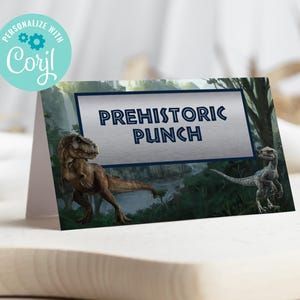 Jurassic Era Dinosaurs Food Tent Labels - Jurassic Dinosaurs Place cards 3.5 x 2 inches when folded in half. Edit with Corjl