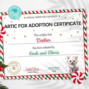 May include: A festive Arctic Fox Adoption Certificate with red and green border, candy canes, and ornaments. The certificate reads "Artic Fox Adoption Certificate" and features the name "Dasher" and the adopters "Noah and Olivia".