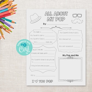 All About my Pop Printable - Father's Day Activity - Grandfather, Grandpa, Pops, Papa, Poppop, Nandad, Gramps, Poppy, Abuelo, Peepaw