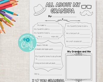 Op de afbeelding: Een printbaar invulblad getiteld "All About My Grandpa" met ruimtes voor persoonlijke details, favoriete dingen en een tekengebied. Bevat een hoed, bril en snor.