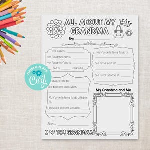 All About my Grandma Printable - Grandmother gift - Mother's Day Activity Kid Gift - Granny, Grammy, Nana, Abuela, Noni, Nona, Mere