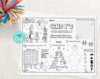 Puede incluir: Mantel individual de actividades de cumpleaños con el tema de Grinch en blanco y negro. Presenta a Grinch, Cindy Lou Who y Max. Incluye un laberinto, conecta los puntos, una búsqueda de palabras y otras actividades. El texto dice "4º Cumpleaños de Cindy".