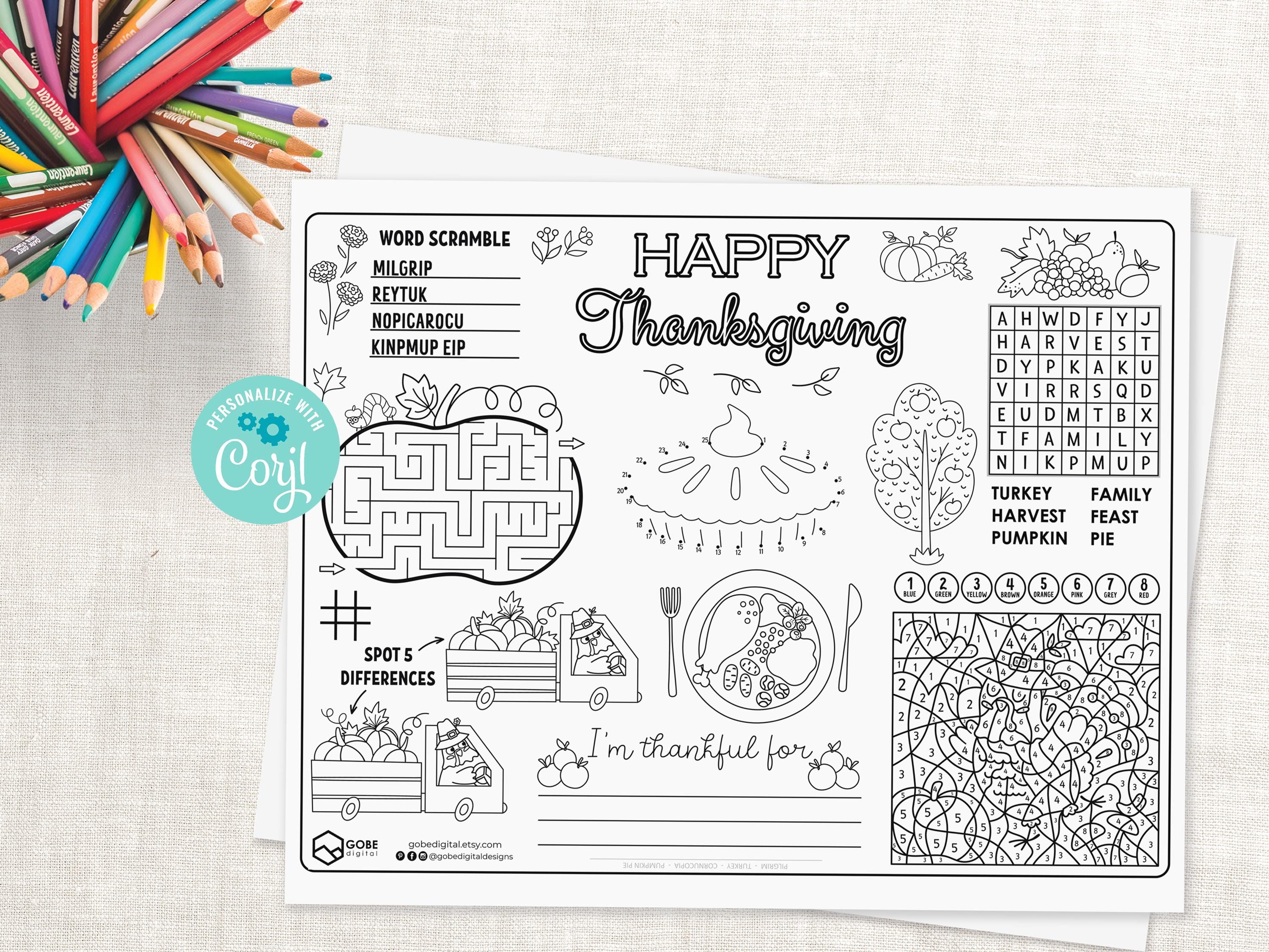 Thanksgiving Activity Sheet. Thanksgiving Coloring. Thanksgiving Placemat. Thanksgiving games.