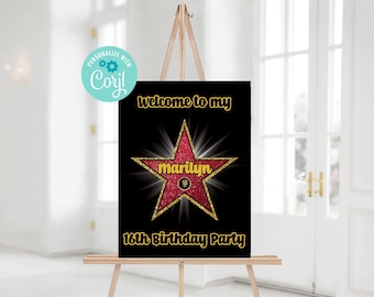 May include: A black sign on a wooden easel with the text "Welcome to my" above a red star with the name "Marilyn" and "16th Birthday Party" in gold lettering. The star has a gold glitter border.