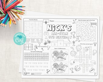Sports Activity Sheet for Birthday Party or other Events | Sports Party Favor | Sports Placemat | Sports Games and Coloring Page