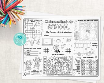 Back to School Activity Sheet. 1st Day of School Placemat. First Day of School Coloring Page.