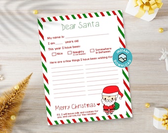 Puede incluir: Una carta a Papá Noel con un borde rojo, verde y blanco. La carta incluye secciones para completar con el nombre, la edad y el comportamiento del niño. Una ilustración de dibujos animados de Papá Noel está en la parte inferior.