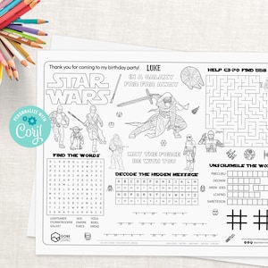 May include: Black and white Star Wars themed activity sheet for a birthday party. Includes a maze, word search, and unscramble the words puzzles. Features Star Wars characters and the text "Thank you for coming to my birthday party! Luke".