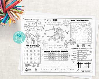 Star Wars Activity Sheet. Star Wars Coloring Page. Star Wars Birthday Party favors. Star Wars placemat coloring sheet