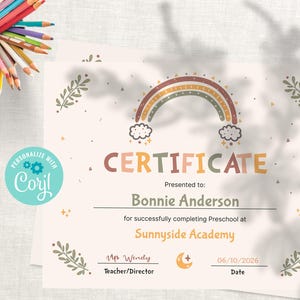 Graduation Certificate Diploma. Boho Rainbow Editable School Certificate of Graduation. Preschool Kindergarten Diploma.