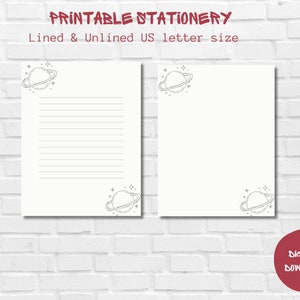 May include: Printable stationery featuring a lined and unlined US letter size sheet with a black and white illustration of a planet with rings. The text "Printable Stationery" and "Lined & Unlined US letter size" is printed in red at the top of the image. The text "Digital Download" is printed in red at the bottom of the image.