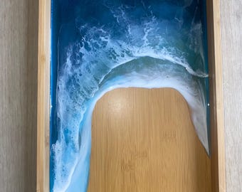 Ocean Wave Resin Tray | Coastal Beach Decor | Handmade Epoxy Ocean Art on Bamboo | Nautical Serving Tray | Sea Wave Home Accent Gift