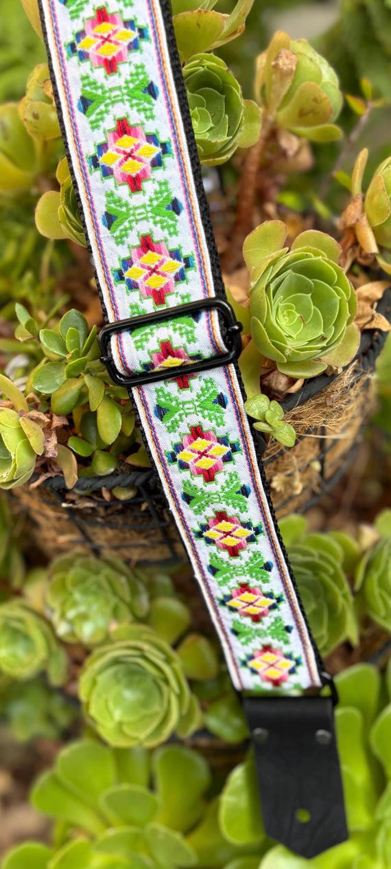 Brocade Guitar Strap - Geometric Design, Leather Ends - Etsy display picture 1
