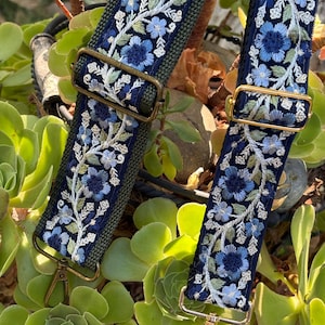 Adjustable Bag Strap/camera strap, 2/1.5” wide - shades of blue and green floral embroidered pattern, (28-52" Length)