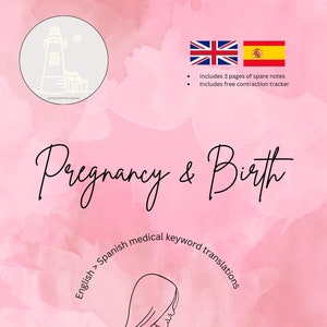 May include: A pink watercolor background with a line drawing of a pregnant woman. The text "Pregnancy & Birth" is written in black cursive script. The text "English > Spanish medical keyword translations" is written in a circle around the woman.