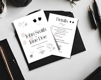 Plantilla minimalista de invitación a boda en la playa moderna en blanco y negro. Personalizar/editar usando Canva.