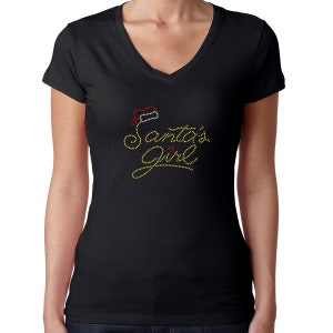 Womens T-Shirt Rhinestone Bling Black Fitted Tee Merry Christmas Santa Claus Santa&#39;s Girl Hat