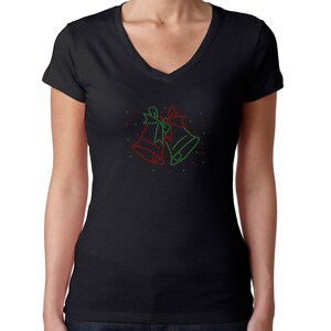 Womens T-Shirt Rhinestone Bling Black Fitted Tee Happy Christmas Santa Bells Bows